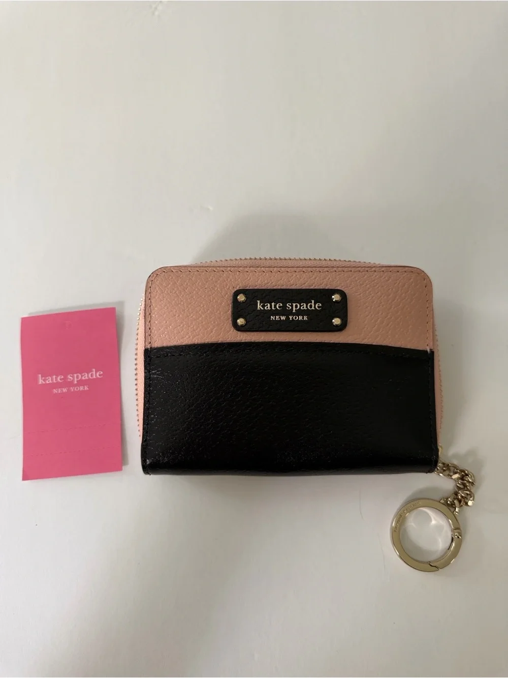 kate spade Pink and Black Leather Zip Card Wallet with Gold Keyring